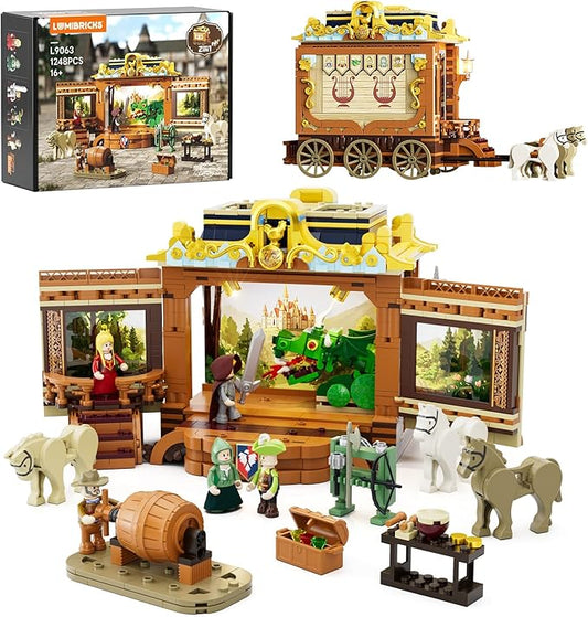 Medieval Troupe Carriage Lighting Building Bricks Set - Middle Ages City Town Playset Multi-Form Modular Collection Display Kit with Minifigures 1248 Pcs for Adults & Teens