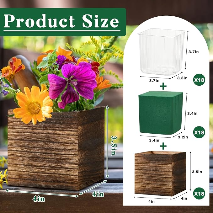 18 Set Wood Cube Planter Box Square Wood Vase Rustic Cube Planter Box with Removable Plastic Liner Floral Foam Blocks for Centerpieces Home Wedding Garden Decor, Country Style (Brown)