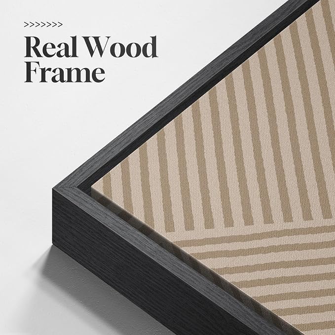 Large Framed Neutral Abstract Wall Art for Living Room, 3 Piece Modern Canvas Prints Paintings, Beige and Deep Blue Minimalist Geometric Pictures for Hallway Dining Bedroom Office Wall Decor 24x36 In