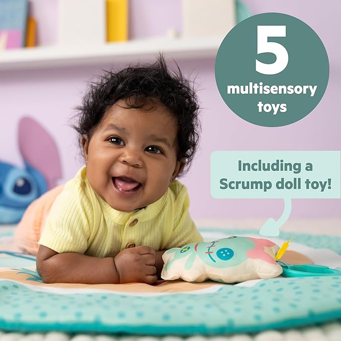 Bright Starts Disney Baby Stitch Party in Paradise Play Gym & Mat, Includes 5 Take Along Toys with Removable Stich Plush, Ages 0M+