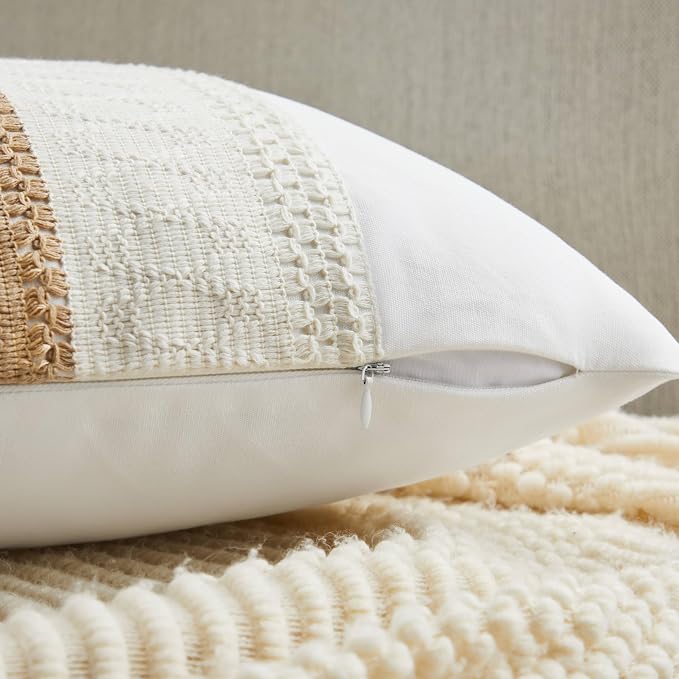 2pk Boho Pillow Covers 20x20, Natural White/Contrast/Brown | 100% Organic Cotton Body, Stripe Embroidery, Farmhouse Decorative Cushion Covers for Sofa Bed Living Room Home Decor