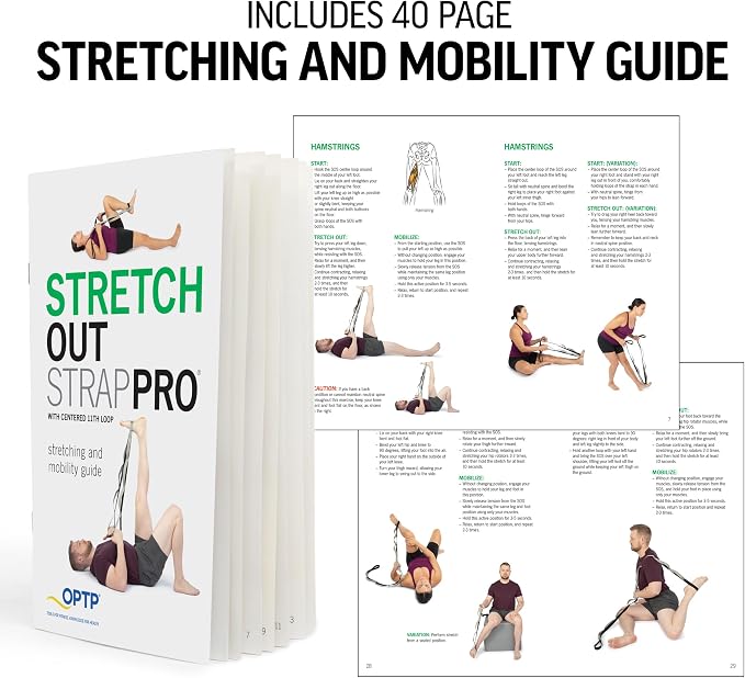 OPTP Stretch Out Strap Pro with Stretching Exercise Book, 11 Loop Stretching Strap for Yoga and Pilates, Physical Therapy Strap for Leg and Knee Recovery. Made in the USA