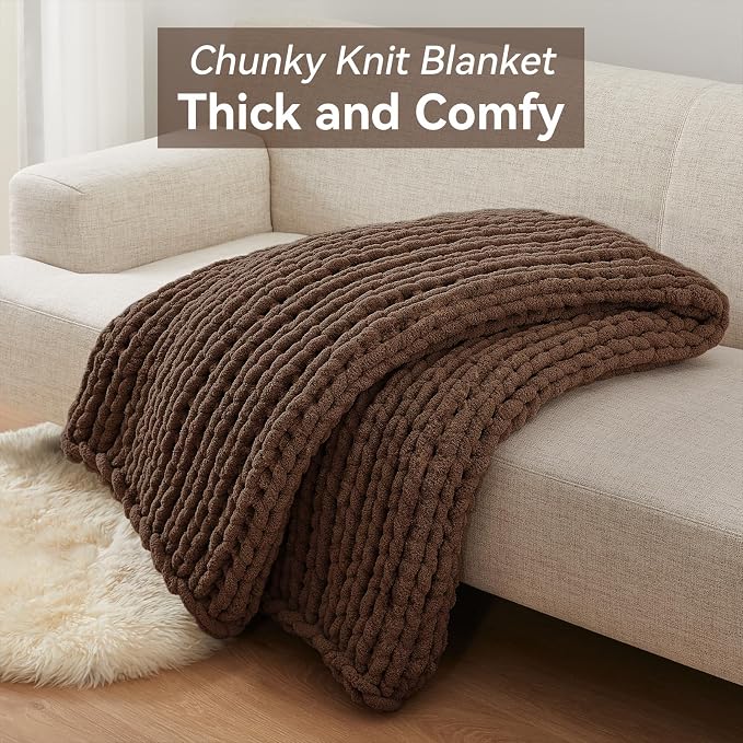 Negwoo Chunky Knit Throw Blanket, Knitted Throw Chenille Yarn, 50"*60" | Soft Thick Cable Knitted Blankets, Handmade Big Thick Blanket, Machine Washable Cute Comfy Blanket for Home Decor, Dark brown
