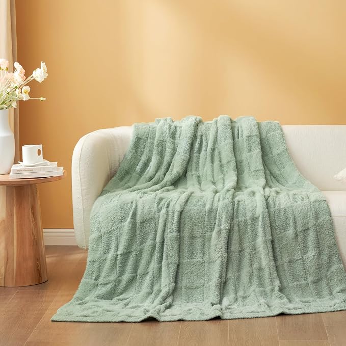 Snuggle Sac Faux Fur Checkered Blanket Twin Size with Soft Knitted Microfiber,Cozy Soft Warm Blanket for Sofa Bedroom Living Room,Solid Sage Green,60x80 inches