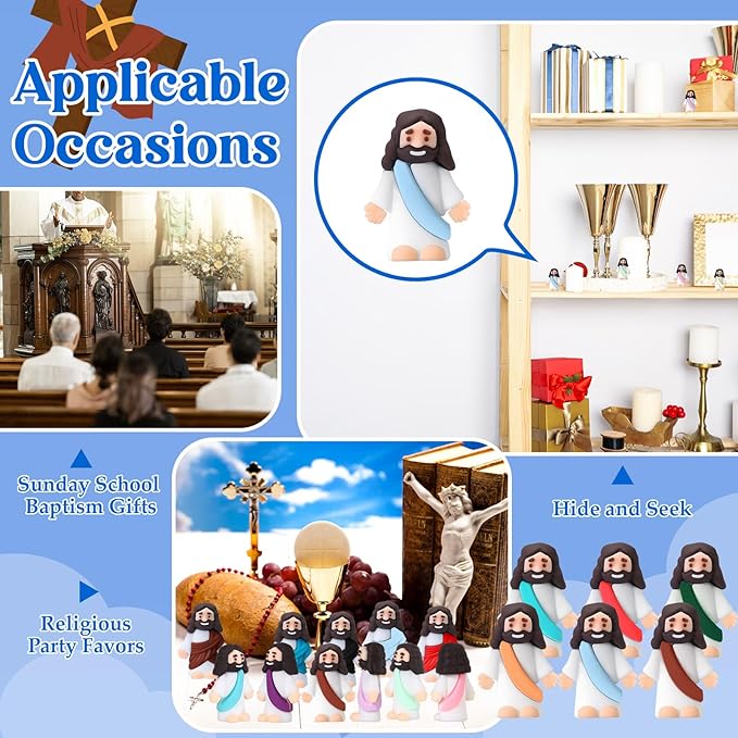 Bememo 300 Pcs Little Jesus Figures Bulk Original Design Mini Pocket Jesus Toys Rubber Figurine to Hide and Seek Religious Party Favors Sunday School Craft Baptism Gifts(Comprehensive Colors)