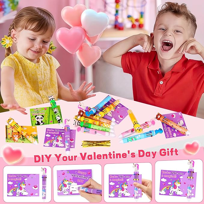 24 Pack Valentines Day Gifts for Kids Classroom 10-in-1 Multicolor Ballpoint Pens with Valentines Cards for Kids School, Valentines for Kids Classroom Class Exchange Gifts Party Favors for Boys Girls