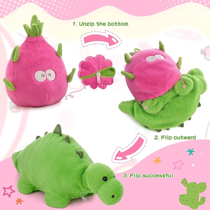 MIAODAM Reversible Dragon Fruit Dinosaur Plush Toys, Zip Flip Stuffed Animals, Cute Dinosaur Plushie in A Dragon Fruit, for Baby, Boys & Girls (30cm/11.8in)
