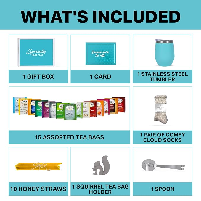 Tea Gifts for Women – Sampler Gift Basket with 15 Unique Blends, Honey Sticks, Stainless Tumbler, Cozy Socks & Gift-Ready Box (Cozy Socks -Teal)