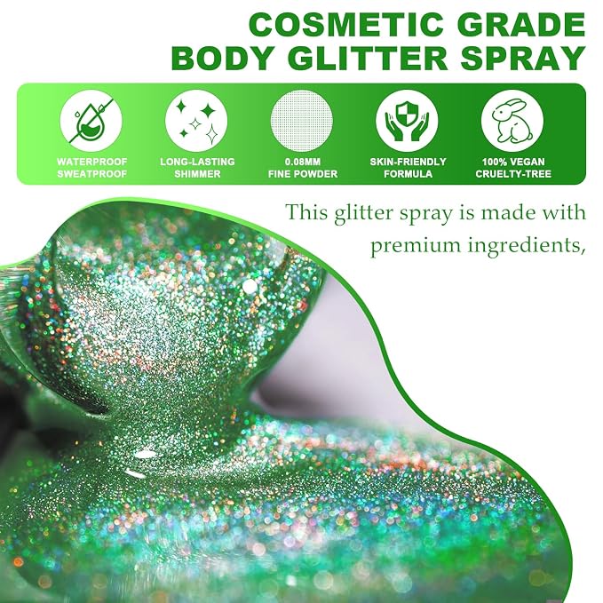 Green Face and Body Highlighter Spray for St. Patrick's Day Makeup, 0.14oz | High Gloss Powder, Waterproof Shimmer Spray for March 17th Mardi Gras Carnival Music Festival Outfits Rave Accessories