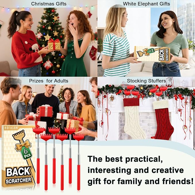 HOFASON 6 Pack Back Scratcher, Stocking Stuffers for Men Adults Women Teens, Christmas Small Bulk Gifts for Men Women Teens, White Elephant Gag Birthday Gifts, Party Favors Prizes for Adults (Red)