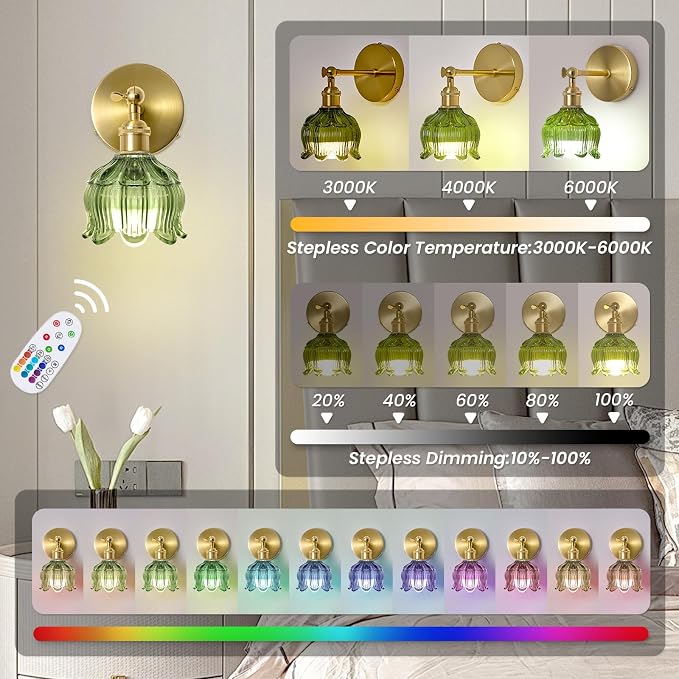 Vintage Battery Operated Wall Sconces: Set of 2 Rechargeable Wireless Light | 5000mAh Green Flower Glass Cordless Lighting, Remote Control Powered Dimmable Sconce, Small Lights for Bedroom Hallway Renter