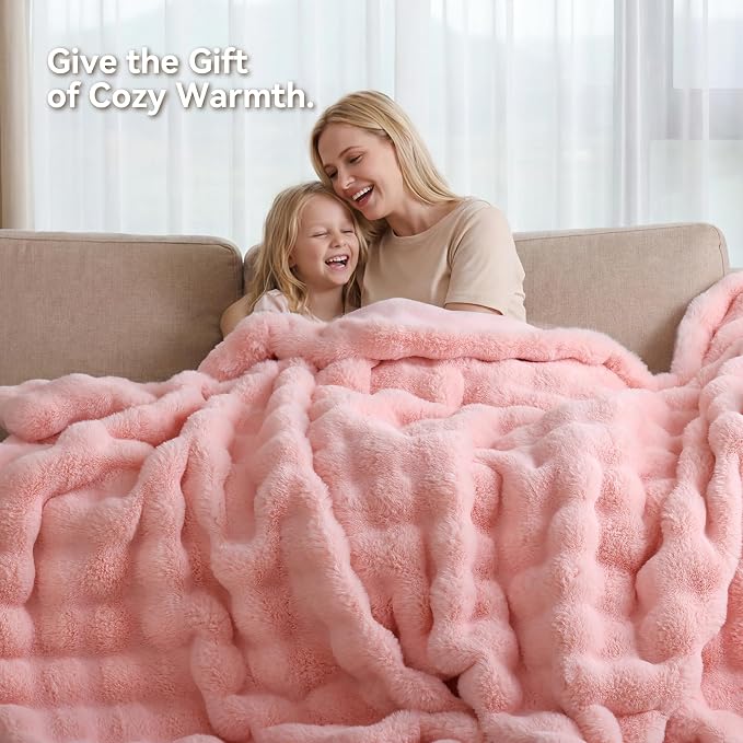Faux Rabbit Fur Throw for Couch - Blush Pink Bubble Blanket 60"x80" | Fluffy Plush Fuzzy Throw for Sofa & Bed, Super Soft Cozy Comfrt Blanket, Luxury Aesthetic Pink Decor Gift for Women