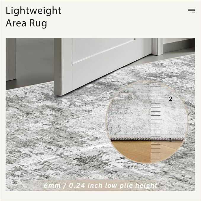 Soalmost Abstract Area Rug 6x9 for Living Room Washable Rugs Gray/White | Non-Slip Low-Pile Carpet for Dining Bedroom, Foldable Thin Vintage Stain Resistant Floor Mat Under Table Home Office Nursery