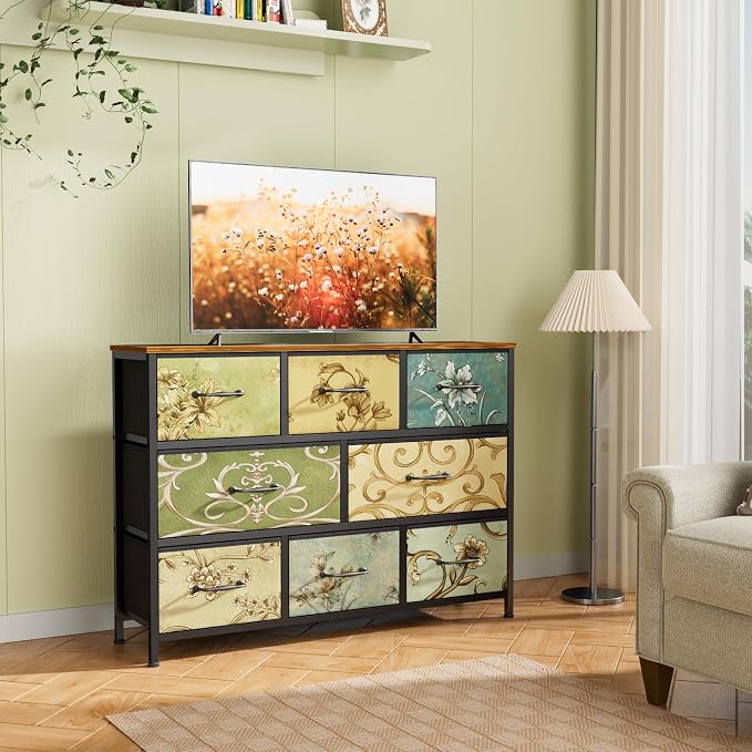 8 Drawer Dresser for Bedroom, Wide Vintage Fabric Chest of Drawers | Vintage Dresser for Closet, Fabric Storage Drawer Units, Retro Floral Dresser for Living Room, Hallway, Entryway, Wooden Top