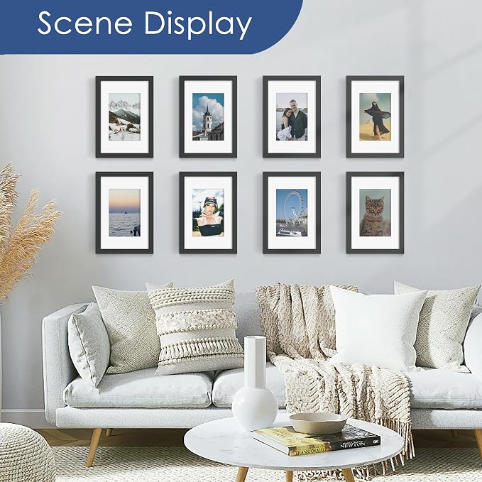 8x12 Picture Frame Set of 6, Wall or Tabletop Display, Black | Display 6x8 with Mat or 8x12 Without Mat, Horizontal or Vertical, Gallery Wall Frame Set for Wedding & Room & Home Decor