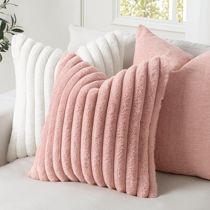 MIULEE Faux Fur Lumbar Throw Pillow Covers 12x20 Set of 2 Blush Pink | Modern Cute Soft Plush Couch Pillows, Cozy Fluffy Cushion Covers for Sofa Bed Living Room Home Decor