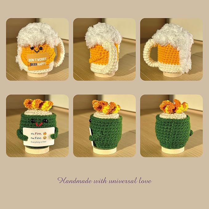 3-PCS | Fun & Games Crochet Set | Fire Cupping Beer Game Controller Positive Plush | Handmade Funny Stuffed Figures with Wooden Stand & Inspirational Cards | Mini Desk Decor Gift for Teens Adults