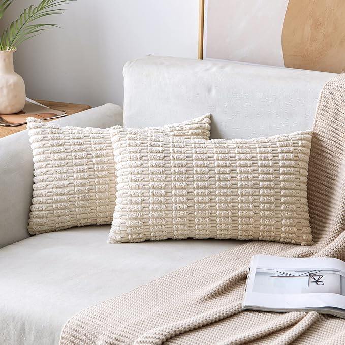 MIULEE Lumbar Corduroy Decorative Throw Pillow Covers 12x20 Cream White | Pack of 2 Soft Boho Striped Pillow Covers Modern Farmhouse Home Decor For Sofa Living Room Couch Bed