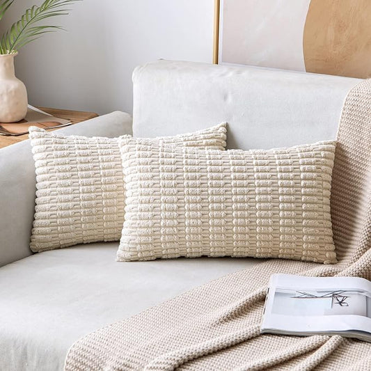 MIULEE Lumbar Corduroy Decorative Throw Pillow Covers 12x20 Cream White | Pack of 2 Soft Boho Striped Pillow Covers Modern Farmhouse Home Decor For Sofa Living Room Couch Bed