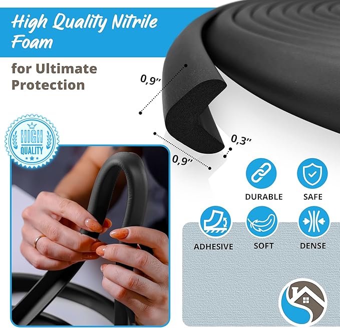 Premium 12ft Edge Protector for Baby, Odorless & Waterproof Foam Cushion with 3M Adhesive Tape, Non-Toxic to Baby Proof Corners and Edges, Wall Corner Protector & Desk Edge Cushion Black