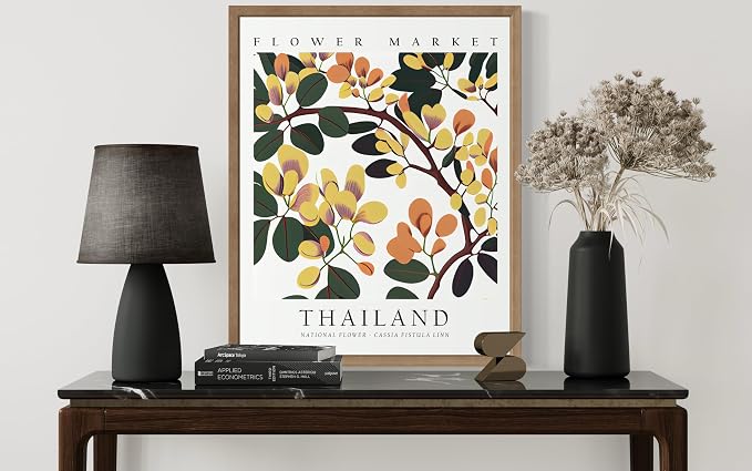 Thailand Flower Market Art Print Poster, Wall Art Floral Painting Botanical Decor for Bedroom, Kitchen, Bathroom Livingroom Decoration 82B (Thailand, 20"L x 16"W, Wood Frame)