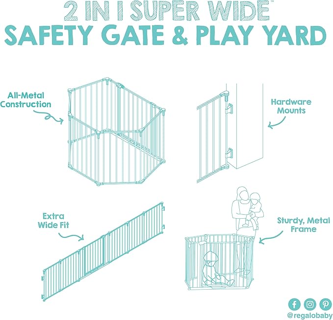 Regalo Safety 56"-130" Super Wide Baby Gate & Play Yard, 2-in-1 Adjustable Safety Gate for Doorways & Bottom of Stairs, Wall Mounted Room Divider, Includes Wall Mount Kit