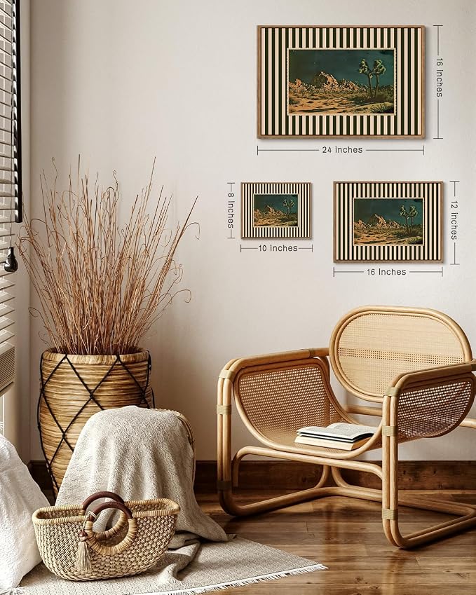 ZZLWBKGL Desert Canvas Art Boho Framed Wall Art for Living Room 8x10in | Vintage Western Artwork Southwestern Cactus Picture Mid Century Striped Paintings for Bedroom Study