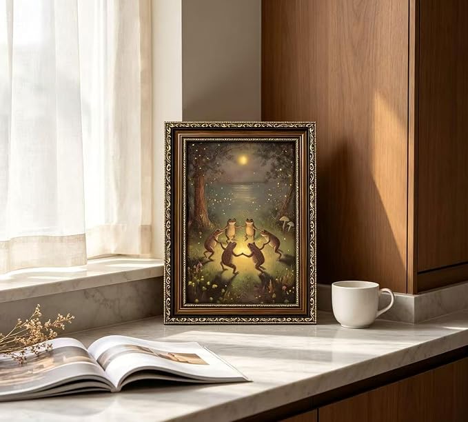 Vintage Gold Framed Frog Wall Art,Frogs Dancing in Moonlight Forest Painting Canvas Prints,Whimsical Animal Wall Decor,Retro Country Toad Poster Artwork for Corridor Living room Bedroom Kitchen
