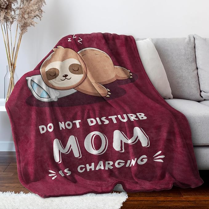 Leebbsin Funny Gifts for Mom, Birthday Gifts for Mom from Daughter Son | Mom is Charging Sloth Blanket, 60" x 50", Burgundy, Mom Gift for Christmas Mothers Day, Soft Sloth Throws Blanket for Mother