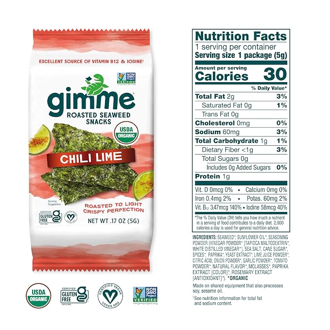 Gimme Seaweed Organic Premium Roasted Seaweed Snacks, Chili Lime, 20 Count, Keto, Vegan, Gluten-Free, Great Source of Omega3s and Iodine, Healthy On-The-Go Snack for Kids and Adults
