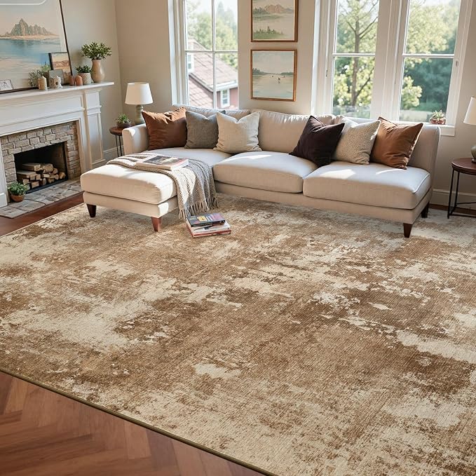 8x10 Ft Large Area Rugs for Living Room, Soft Non-Slip Washable Rugs Modern Abstract Pattern Carpet for Bedroom Indoor Floor Nursery Home Decor (Brown)