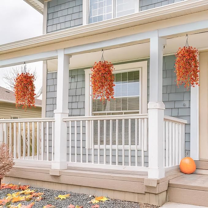 INQCMY Artificial Fall Fake Flowers for Outdoor Fake Hanging Decoration | 2PCS Faux Mums Silk Flower with Autumn Leaves UV Resistant No Fade for Home Planter Porch Patio Yard Balcony (Orange Red)