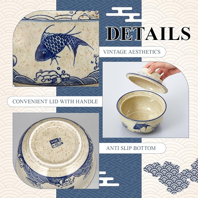 SiliFine Ramen Bowl Set of 2 Ceramic Ramen Bowl with Lid 25oz Microwave Clay Pot Traditional Japanese Tableware Korean Clay Pot for Christmas Soup Salad Meal Rice Home Office(Blue,Oatmeal,Stylish)