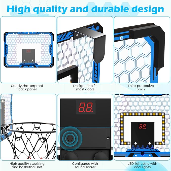 Indoor Basketball Hoop for Kids, Over The Door Mini Basketball Hoop Set with LED Lights, Scoreboard, 4 Balls & Sound Effects - Indoor Toys Gift for Boys & Girls Ages 3-12 for Birthday & Christmas