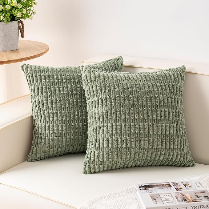 Pack of 2 Corduroy Decorative Throw Pillow Covers 26x26 Inch, Sage Green | Fall Soft Striped Pillow Covers Modern Farmhouse Home Decor Christmas Throw Pillow Covers for Sofa Living Room Couch Bed