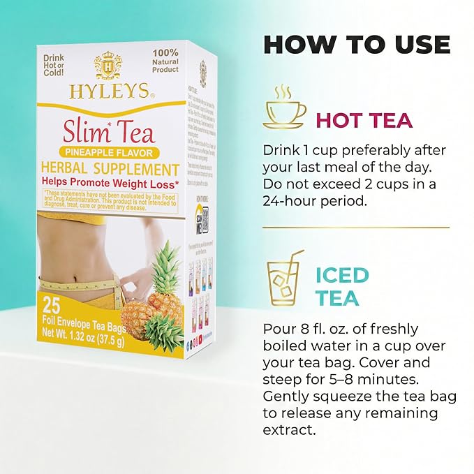 Hyleys Slim Tea Pineapple Flavor - Weight Loss Herbal Supplement Cleanse and Detox - 25 Tea Bags (12 Pack)