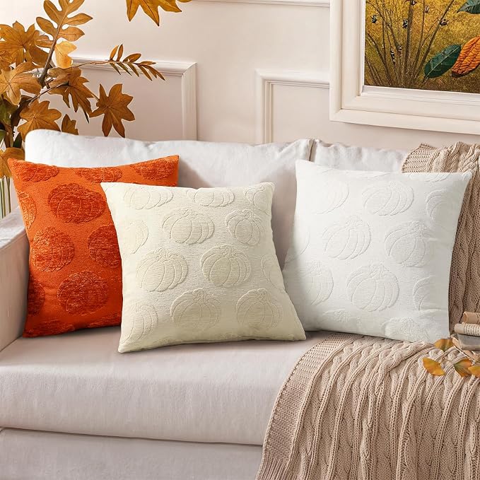 decorUhome Chenille Rust Pumpkin Soft Throw Pillow Covers 18x18 Set of 2 | Fall Decorative Jacquard Farmhouse Accent Modern Farmhouse Neutral Pillowcases for Bed Sofa Autumn Harvest Halloween Holiday