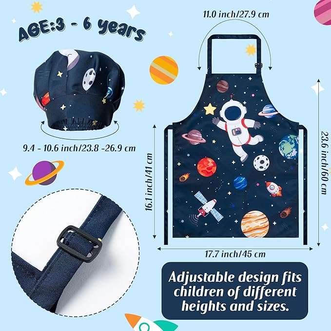 R HORSE Kid Apron and Chef Hat Set - 2Pcs Adjustable Space Astronaut Children Kitchen Apron Dress up Role Play Chef Toy Kid Cooking Gift Birthday Gift for kids Cooking Baking Painting and Training