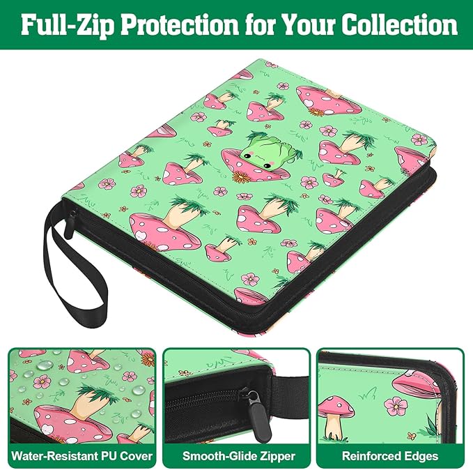 Cute Frog & Mushroom 9-Pocket Trading Card Binder Album, 900 Card Zipper Binder with 50 Removable Sleeves, Refillable 3-Ring Card Book for MTG, TCG and Sports Cards, Fits 2.5" x 3.5" Cards