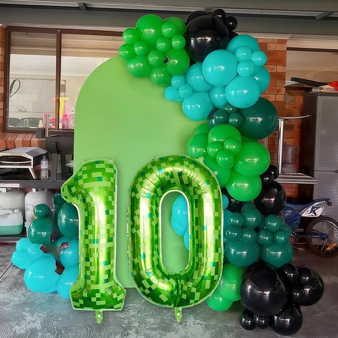 Number 10th Birthday Balloon Lime Green Pixel, 40 Inch Large Dark Kelly Green Number 10 Foil Balloons for Boys 10 Year Old Birthday Video Game Forest Golf Patrick's Day Party Decorations Supplies