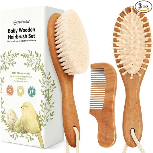 Wooden Baby Hair Brush Set for Newborns, Toddlers -Soft Goat Bristle Baby Brush and Comb Set Newborn Grooming Kit for Cradle Cap Care,Durable & Gentle, Boy,Girl Infant Essentials(Regular, Golden Oak)