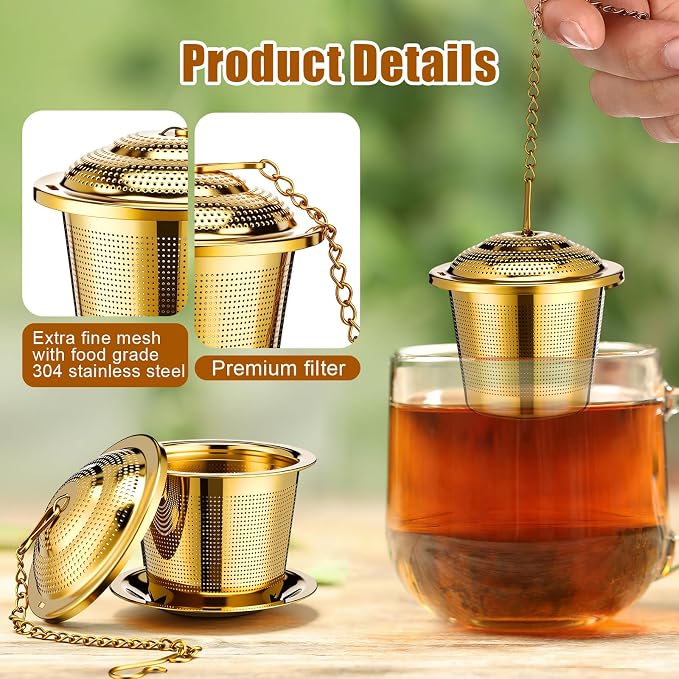 Umigy 4 Pcs Tea Infuser Strainers for Loose Tea with Scoop, Extra Fine Mesh Steeper 304 Stainless Steel Diffuser Leaf Holder with Extended Chain Hook for Brew, Spices, Seasoning, Gold