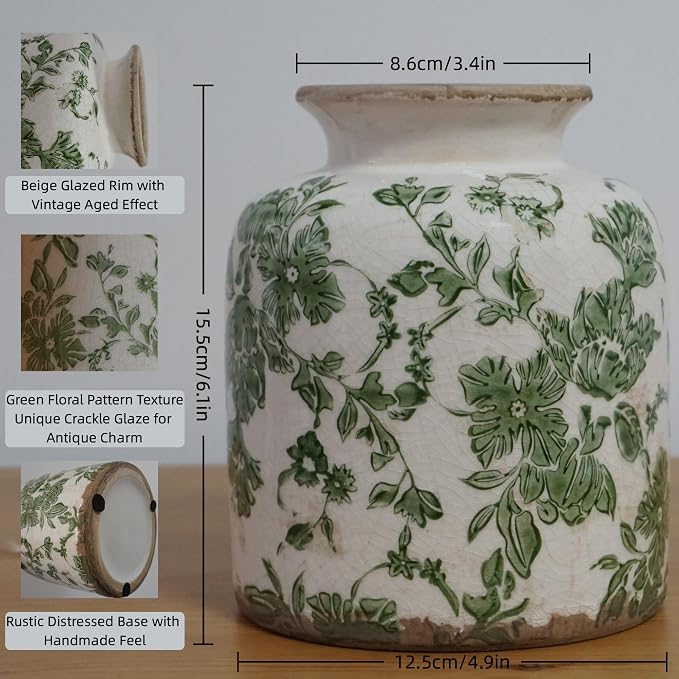 Vintage Green Crackle Glaze Ceramic Flower Vase, 6” Small Rustic Pottery Decorative Botanical Vase with Distressed Beige Rim French Country Farmhouse Cottage Tabletop & Mantel Home Decor