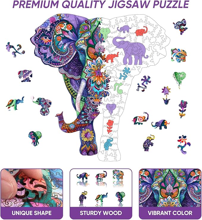 Qiuenisray Wooden Puzzles for Adults, Elephant Jigsaw Puzzles 200 Pieces, FSC Certified Wall Decor, Unique Shape Animal Adult Puzzles, Creative Gift for Family Game 12.4x11.4 in