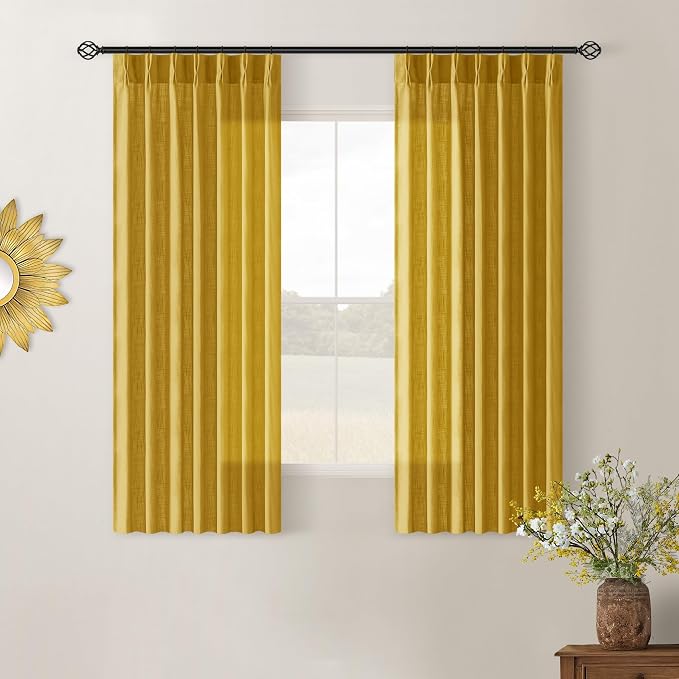 Mustard Yellow Pinch Pleated Linen Sheer Curtains 45 Inch Length 2 Panels | for Kitchen Small Bay Window Basement, Pinch Pleated with Hooks Rings Back Tab, Memory Shape, Thick Linen Semi Sheer, W40xL45