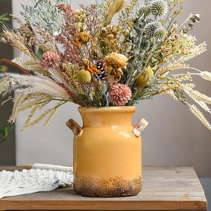 Quoowiit Ceramic Rustic Farmhouse Vase, Distressed Decorative Flower Vase for Home Decor, Ideal Shelf Decor, Yellow Boho Vases for Living Room Bedroom Kitchen Office Centerpiece Table Decorations