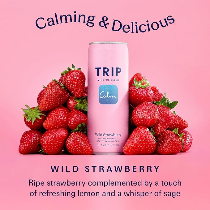 TRIP Lightly Sparkling Adaptogen Drink, Non Alcoholic Drink with Magnesium, Ashwagandha, Lions Mane & L Theanine, No Added Sugar Mocktail, Vegan, Wild Strawberry, 12 Oz, 12Pk