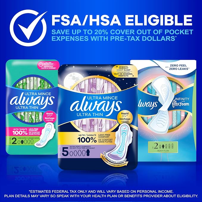 Always Ultra Thin Feminine Pads with Wings for Women, Size 1, Regular Absorbency, Unscented, Up to 100% Leak-Free Protection, 62 Count