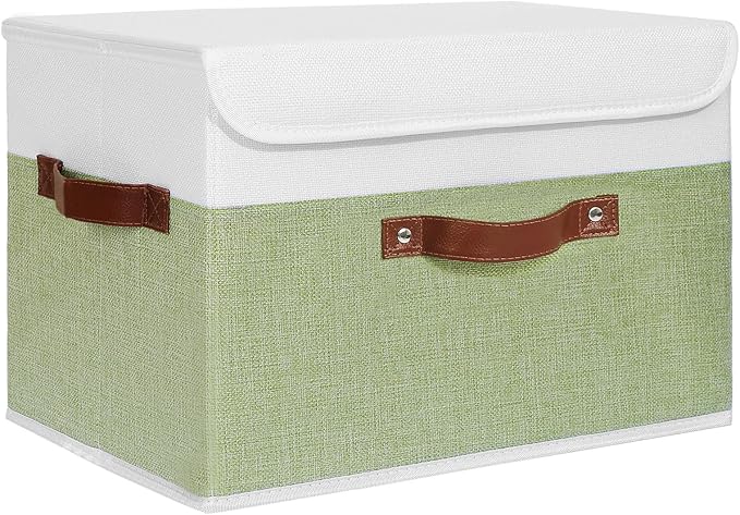ANMINY Fabric Storage Box Bins with Lids, Green White, 15"x10"x10" | Keepsake Memory Storage, Cotton Linen, PP Board Reinforced, Washable, PU Handles, Foldable & Stackable, Decorative, Large