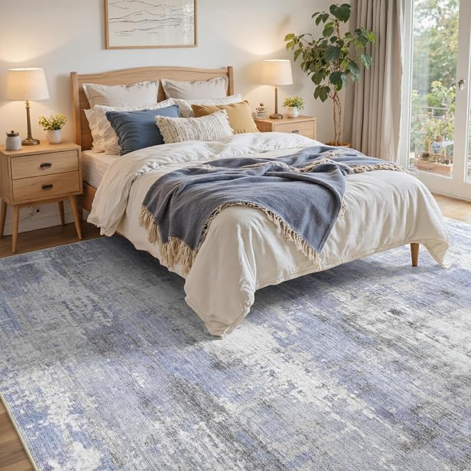 6x9 Ft Large Area Rugs for Living Room, Soft Non-Slip Washable Rugs Modern Abstract Pattern Carpet for Bedroom Indoor Floor Nursery Home Decor (Blue/White)